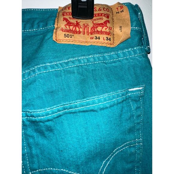 Levis 501 Button Fly Jeans Men's 34 x 26.5 Turquoise Teal relaxed Straight red t - Picture 7 of 8